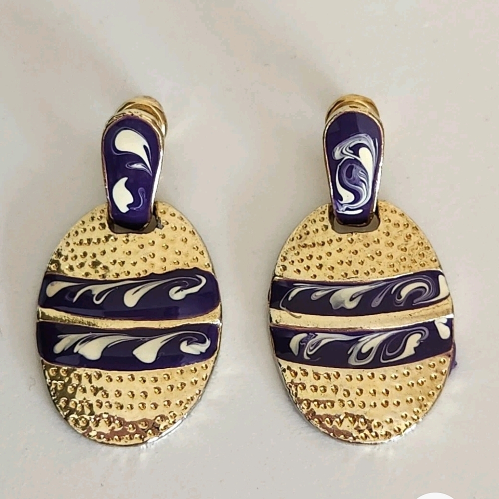 Vintage Gold Tone and Blue Swirl Dangle Earrings